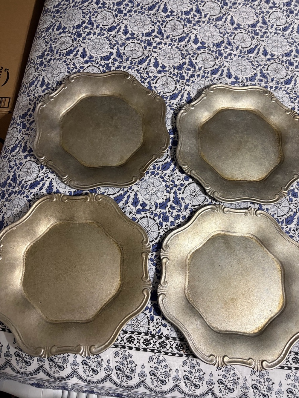 EUC Set of 4 Decorative 14" Chargers - Antique Silver Baroque Tone Chargers